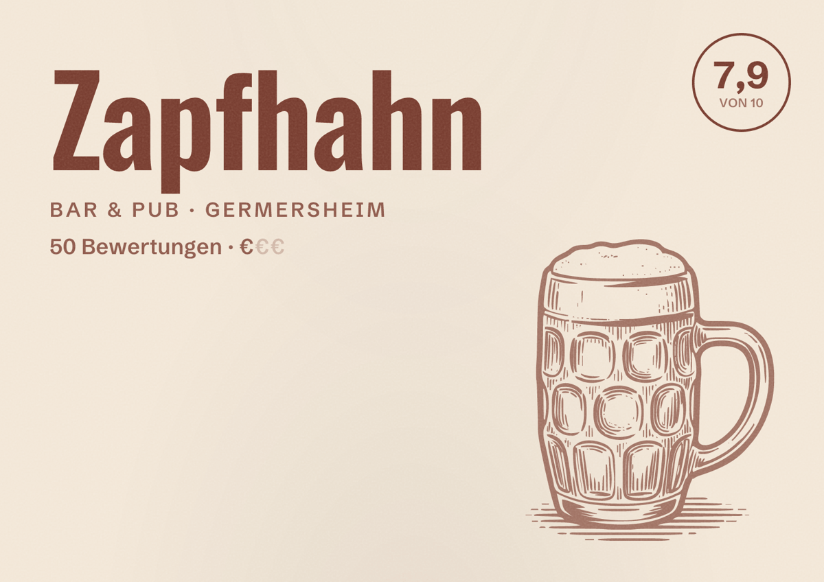 Illustriertes Poster von Zapfhahn, Bar & Pub in Germersheim: Bewertung 7,9 von 10 aus 50 Bewertungen, Preisniveau €