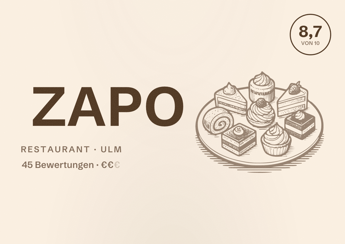 Illustriertes Poster von ZAPO, Restaurant in Ulm: Bewertung 8,7 von 10 aus 45 Bewertungen, Preisniveau €€