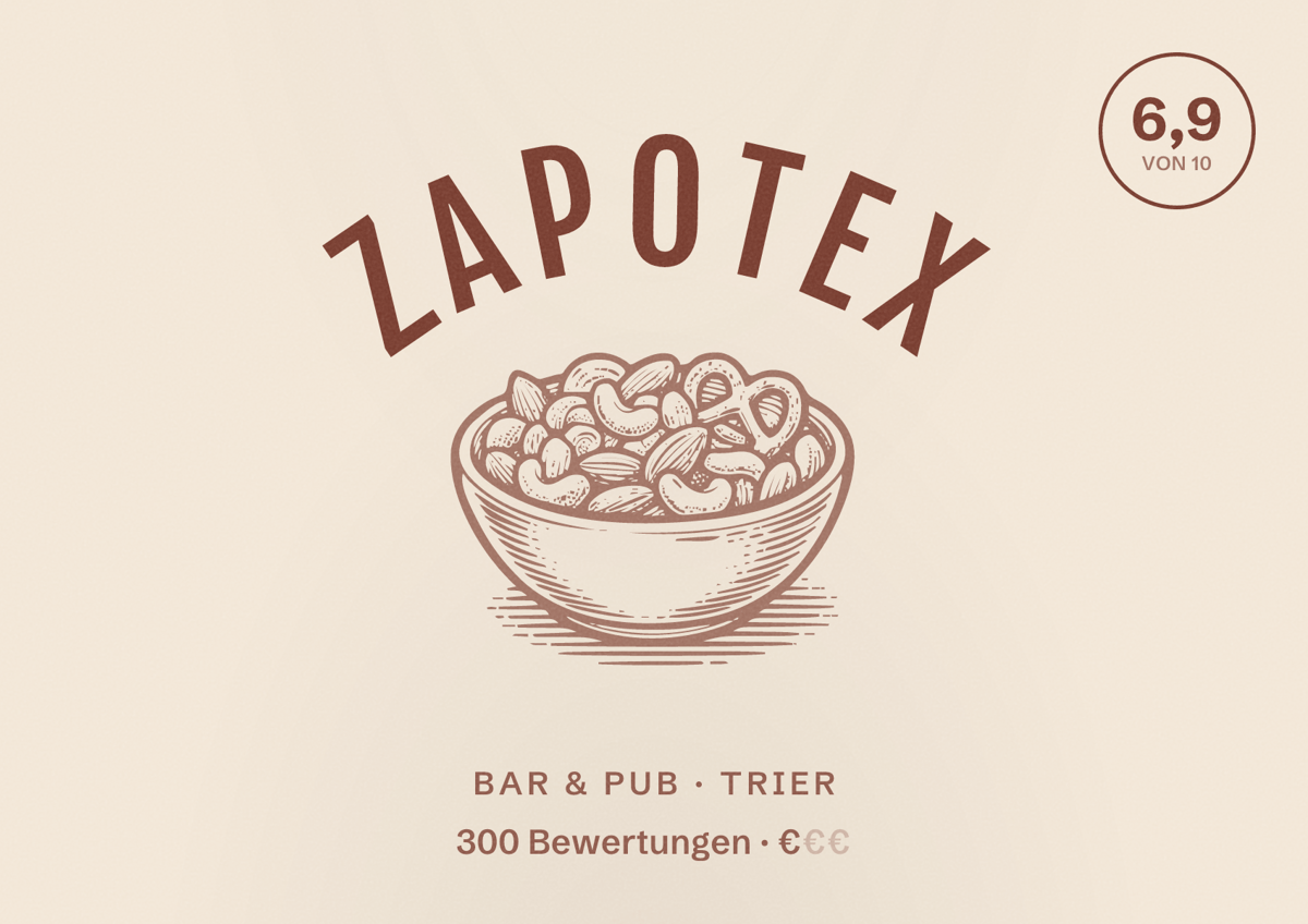 Illustriertes Poster von Zapotex, Bar & Pub in Trier: Bewertung 6,9 von 10 aus 300 Bewertungen, Preisniveau €
