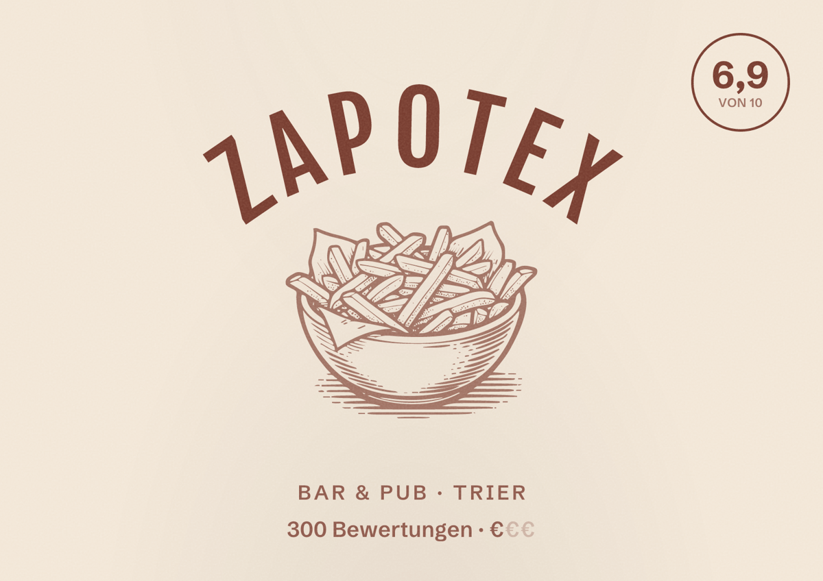 Illustriertes Poster von Zapotex, Bar & Pub in Trier: Bewertung 6,9 von 10 aus 300 Bewertungen, Preisniveau €