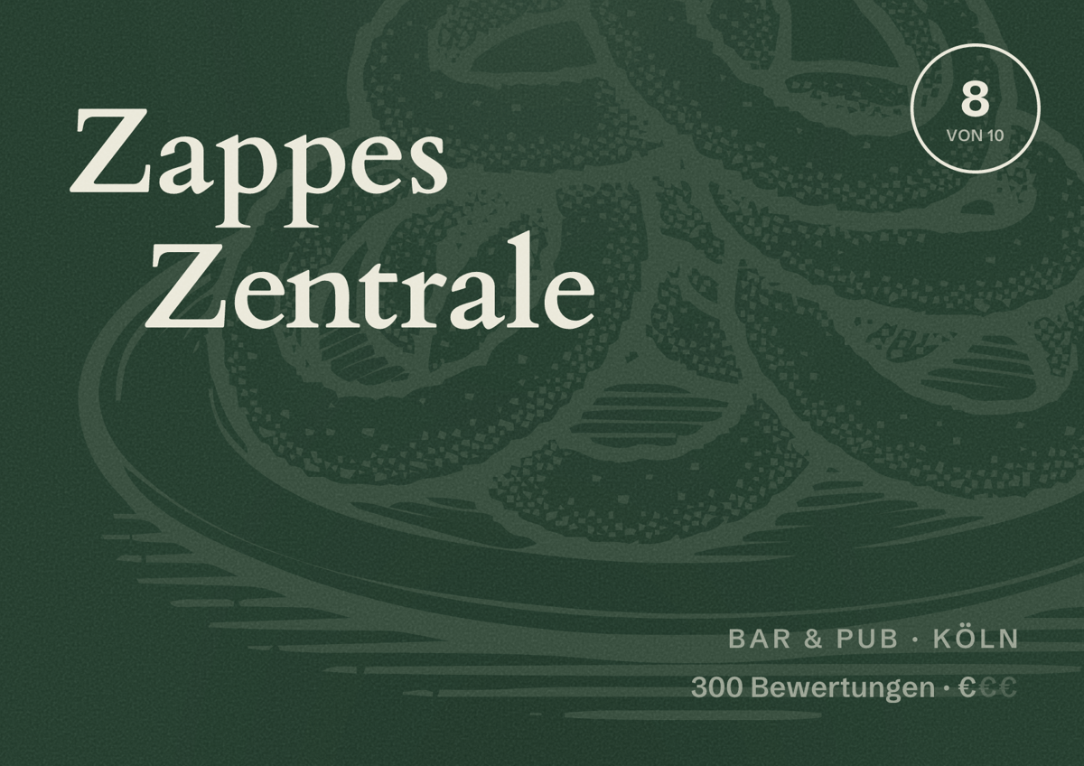 Illustriertes Poster von Zappes Zentrale, Bar & Pub in Köln: Bewertung 8,0 von 10 aus 300 Bewertungen, Preisniveau €