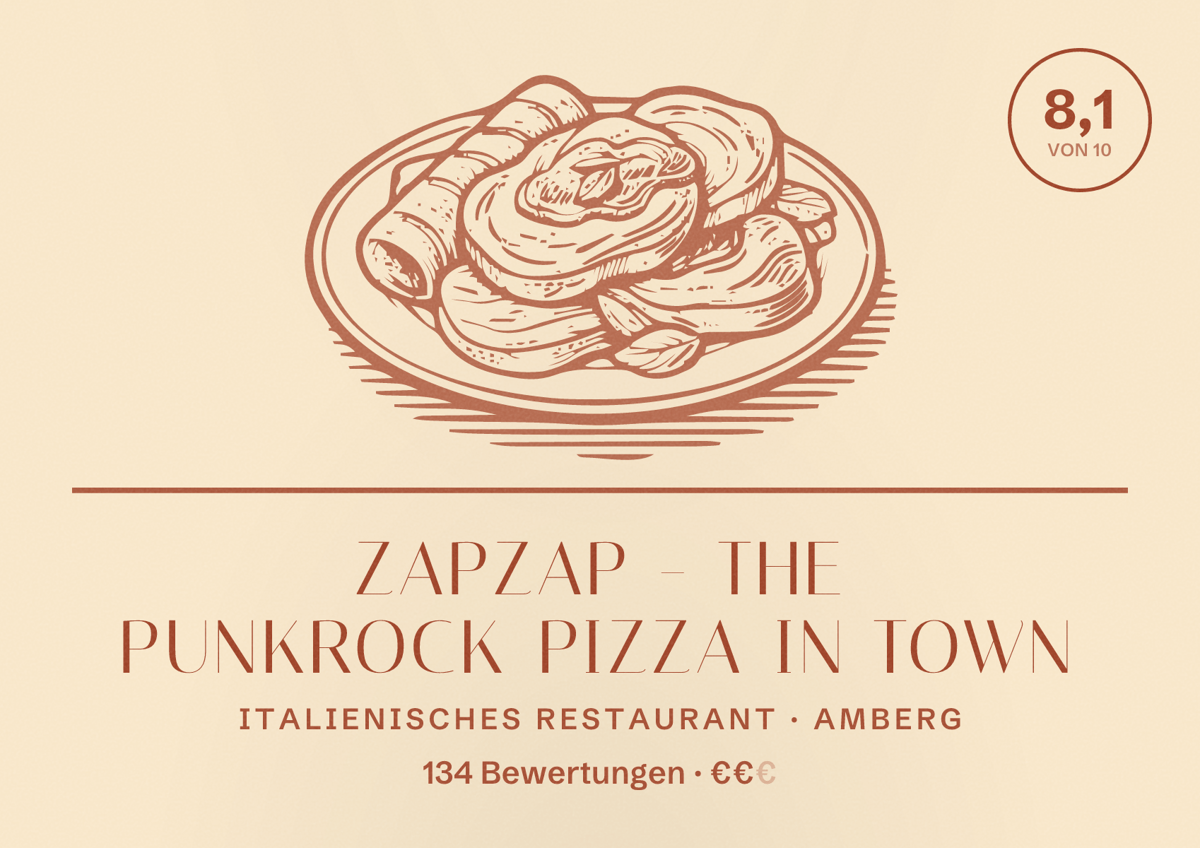 Illustriertes Poster von ZapZap - The Punkrock Pizza in Town, Italienisches Restaurant in Amberg: Bewertung 8,1 von 10 aus 134 Bewertungen, Preisniveau €€