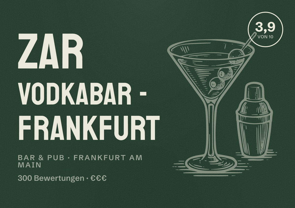 Illustriertes Poster von Zar Vodkabar - Frankfurt, Bar & Pub in Frankfurt am Main: Bewertung 3,9 von 10 aus 300 Bewertungen, Preisniveau €€€