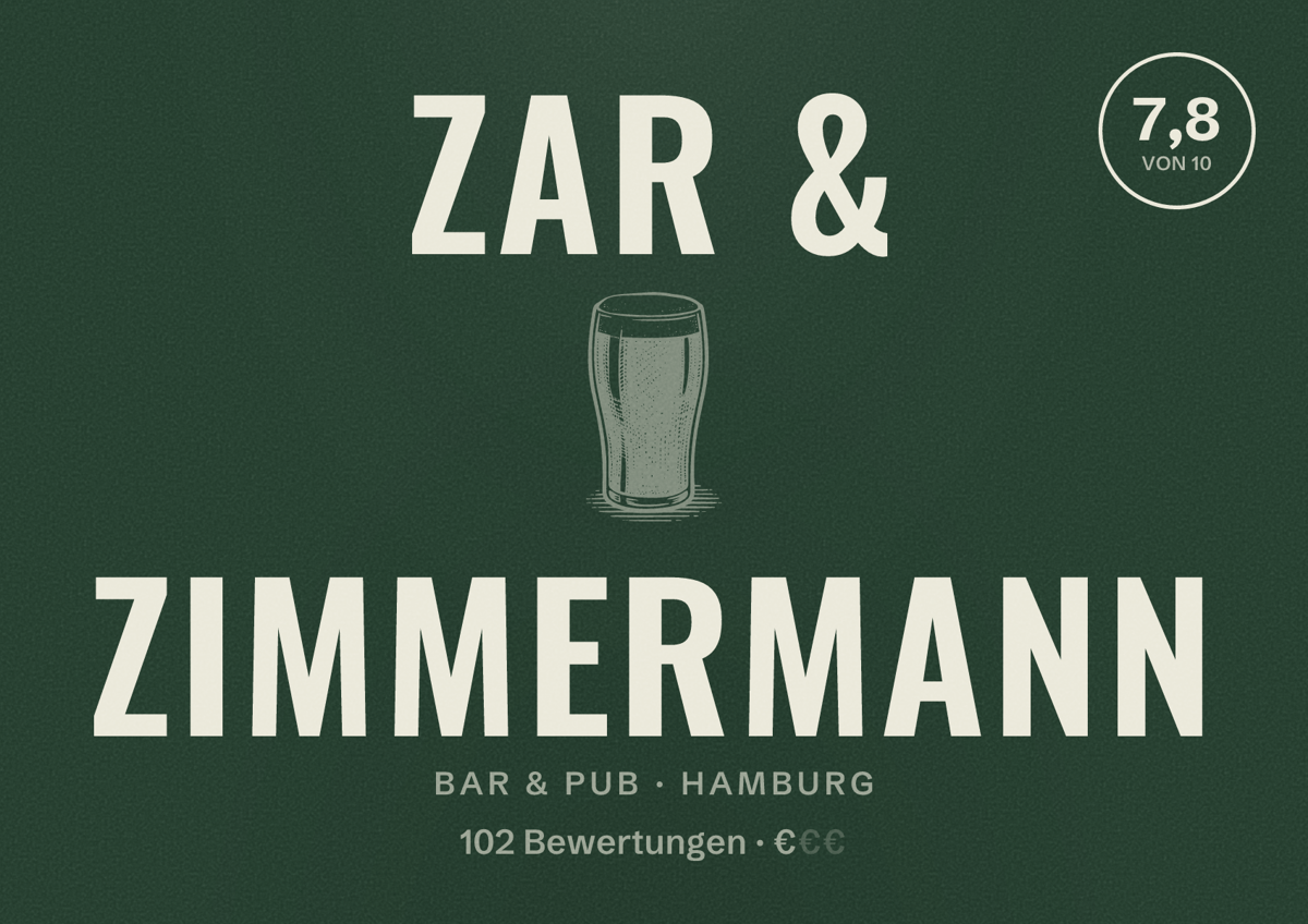 Illustriertes Poster von Zar & Zimmermann, Bar & Pub in Hamburg: Bewertung 7,8 von 10 aus 102 Bewertungen, Preisniveau €