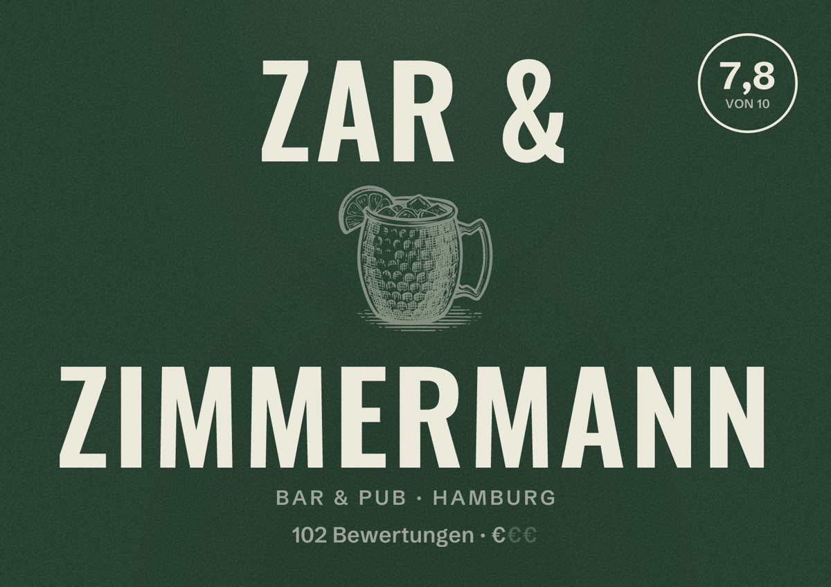 Illustriertes Poster von Zar & Zimmermann, Bar & Pub in Hamburg: Bewertung 7,8 von 10 aus 102 Bewertungen, Preisniveau €