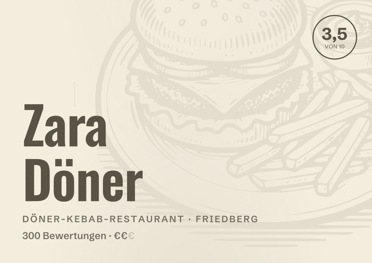 Illustriertes Poster von Zara Döner, Döner-Kebab-Restaurant in Friedberg: Bewertung 3,5 von 10 aus 300 Bewertungen, Preisniveau €€