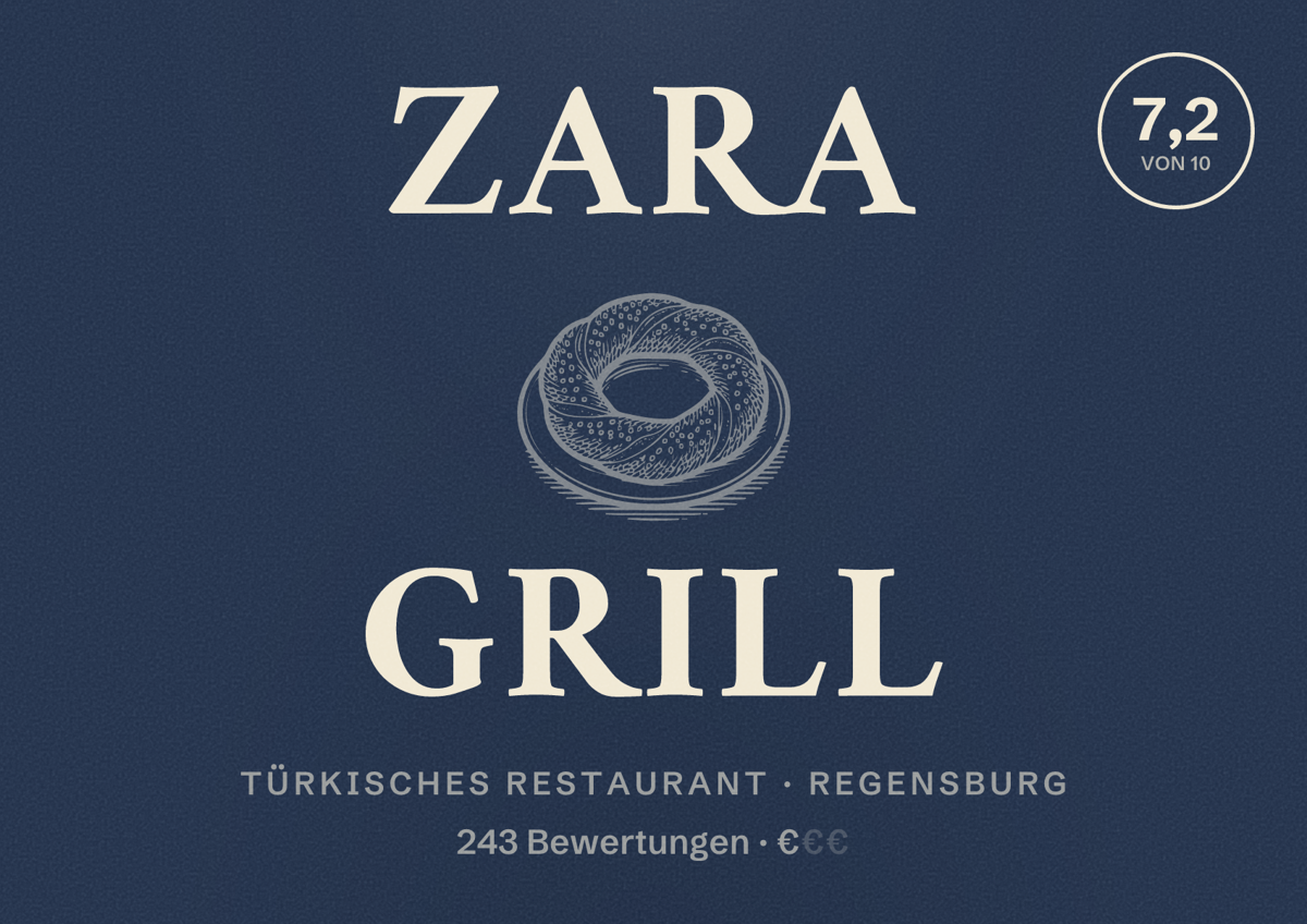 Illustriertes Poster von Zara Grill, Türkisches Restaurant in Regensburg: Bewertung 7,2 von 10 aus 243 Bewertungen, Preisniveau €