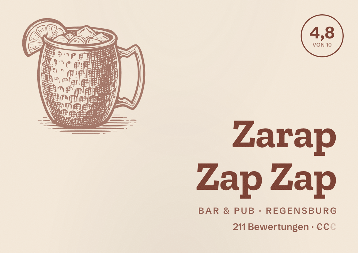 Illustriertes Poster von Zarap Zap Zap, Bar & Pub in Regensburg: Gästebewertung 4,8 von 10 aus 211 Bewertungen