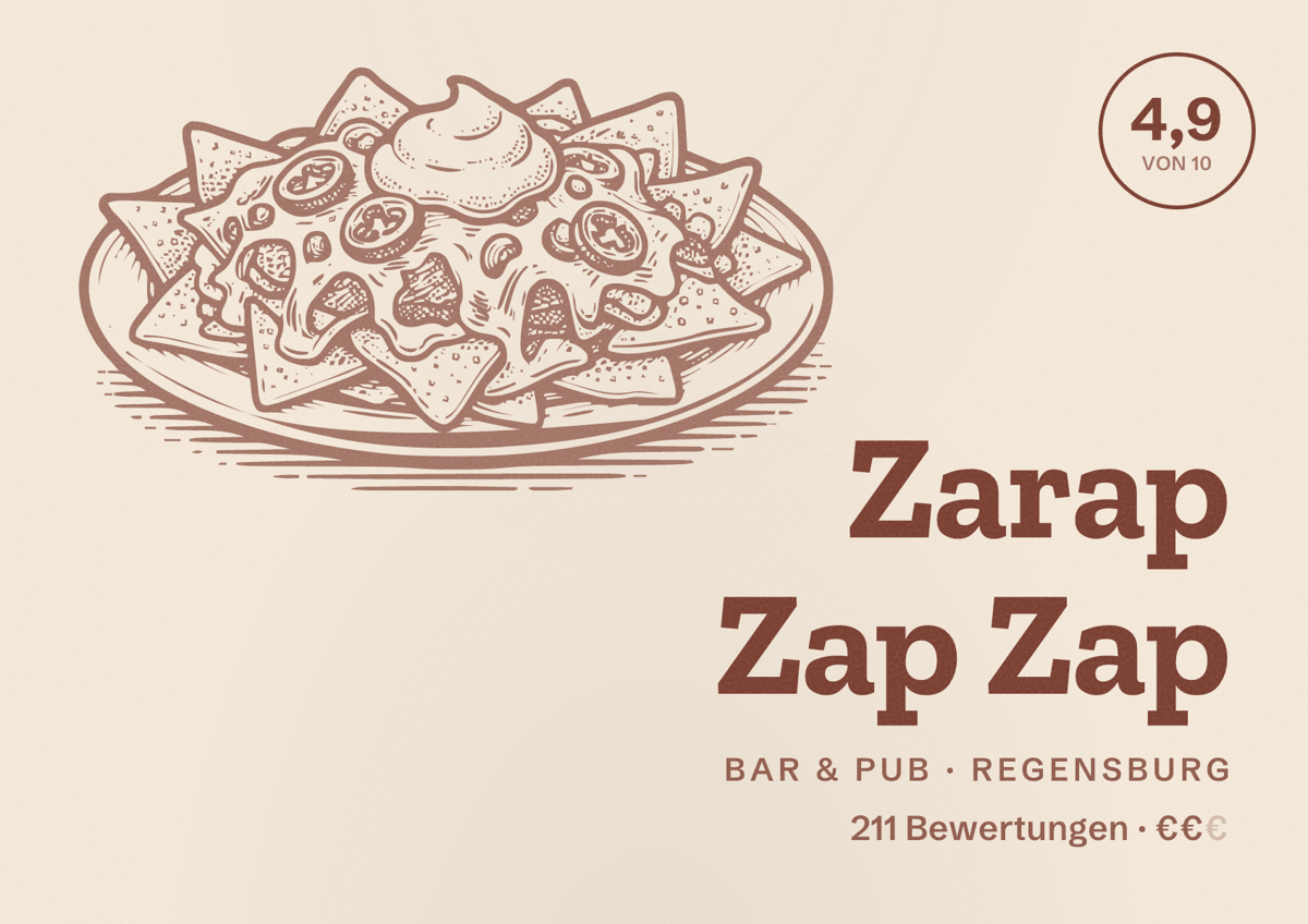Illustriertes Poster von Zarap Zap Zap, Bar & Pub in Regensburg: Bewertung 4,9 von 10 aus 211 Bewertungen, Preisniveau €€