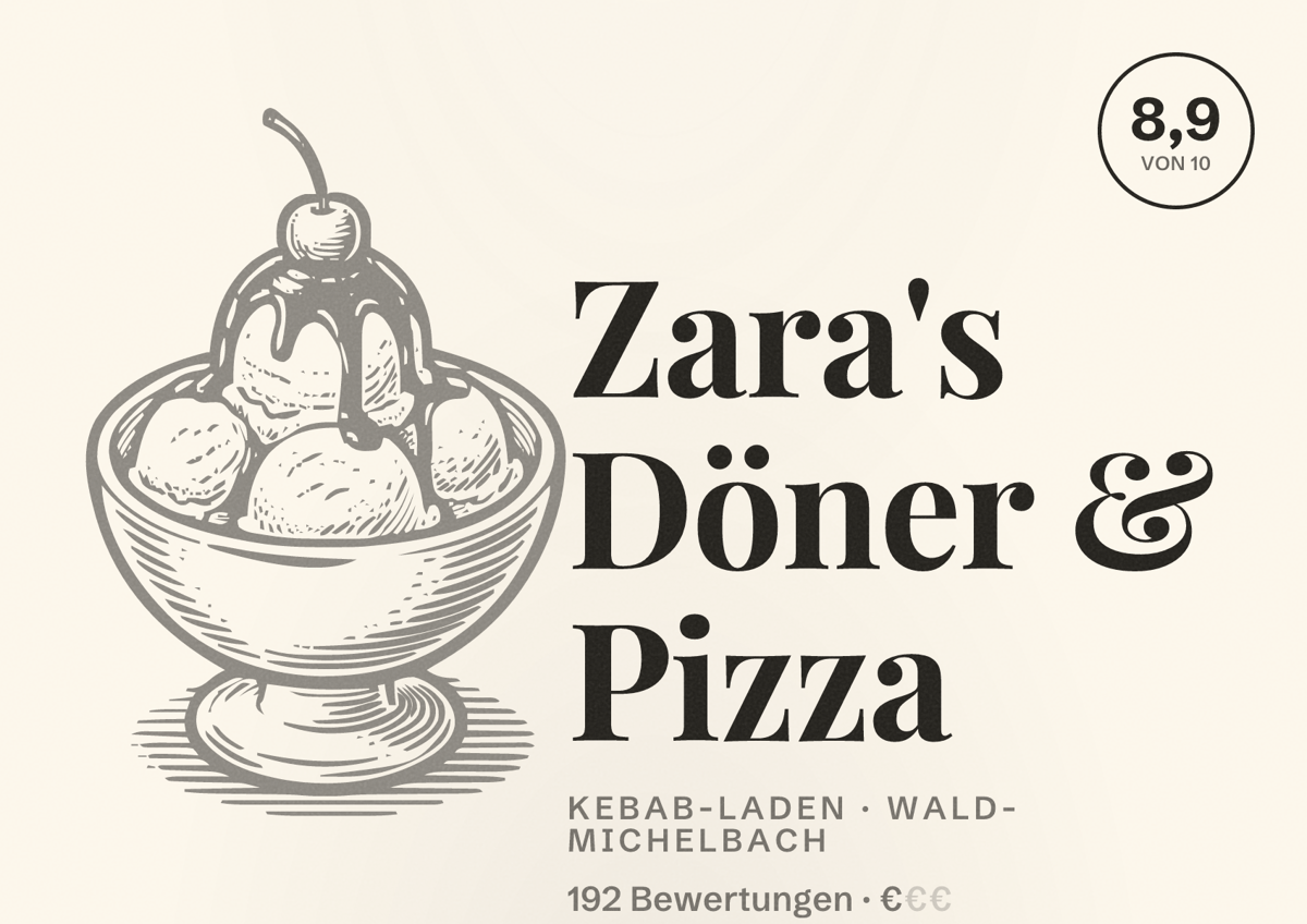 Illustriertes Poster von Zara's Döner & Pizza, Kebab-Laden in Wald-Michelbach: Bewertung 8,9 von 10 aus 192 Bewertungen, Preisniveau €