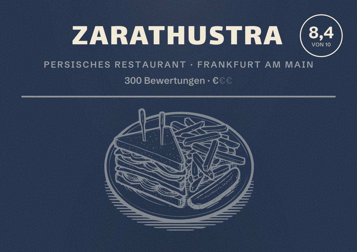 Illustriertes Poster von Zarathustra, Persisches Restaurant in Frankfurt am Main: Bewertung 8,4 von 10 aus 300 Bewertungen, Preisniveau €