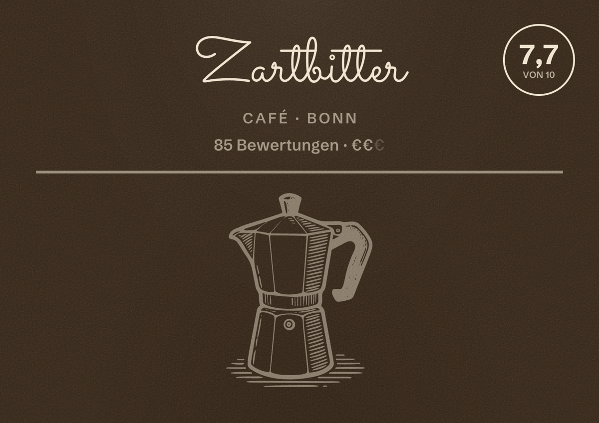 Illustriertes Poster von Zartbitter, Café in Bonn: Bewertung 7,7 von 10 aus 85 Bewertungen, Preisniveau €€