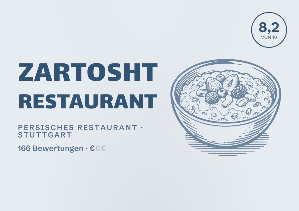 Illustriertes Poster von Zartosht Restaurant, Persisches Restaurant in Stuttgart: Bewertung 8,2 von 10 aus 166 Bewertungen, Preisniveau €