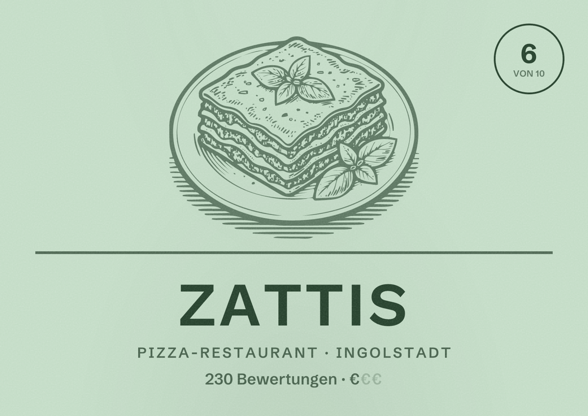 Illustriertes Poster von Zattis, Pizza-Restaurant in Ingolstadt: Bewertung 6 von 10 aus 230 Bewertungen, Preisniveau €