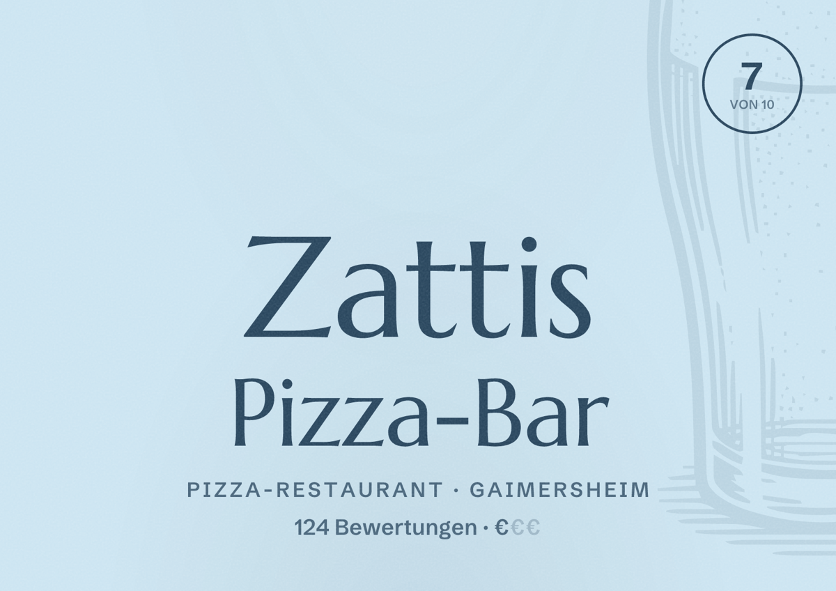Illustriertes Poster von Zattis Pizza-Bar, Pizza-Restaurant in Gaimersheim: Bewertung 7 von 10 aus 124 Bewertungen, Preisniveau €