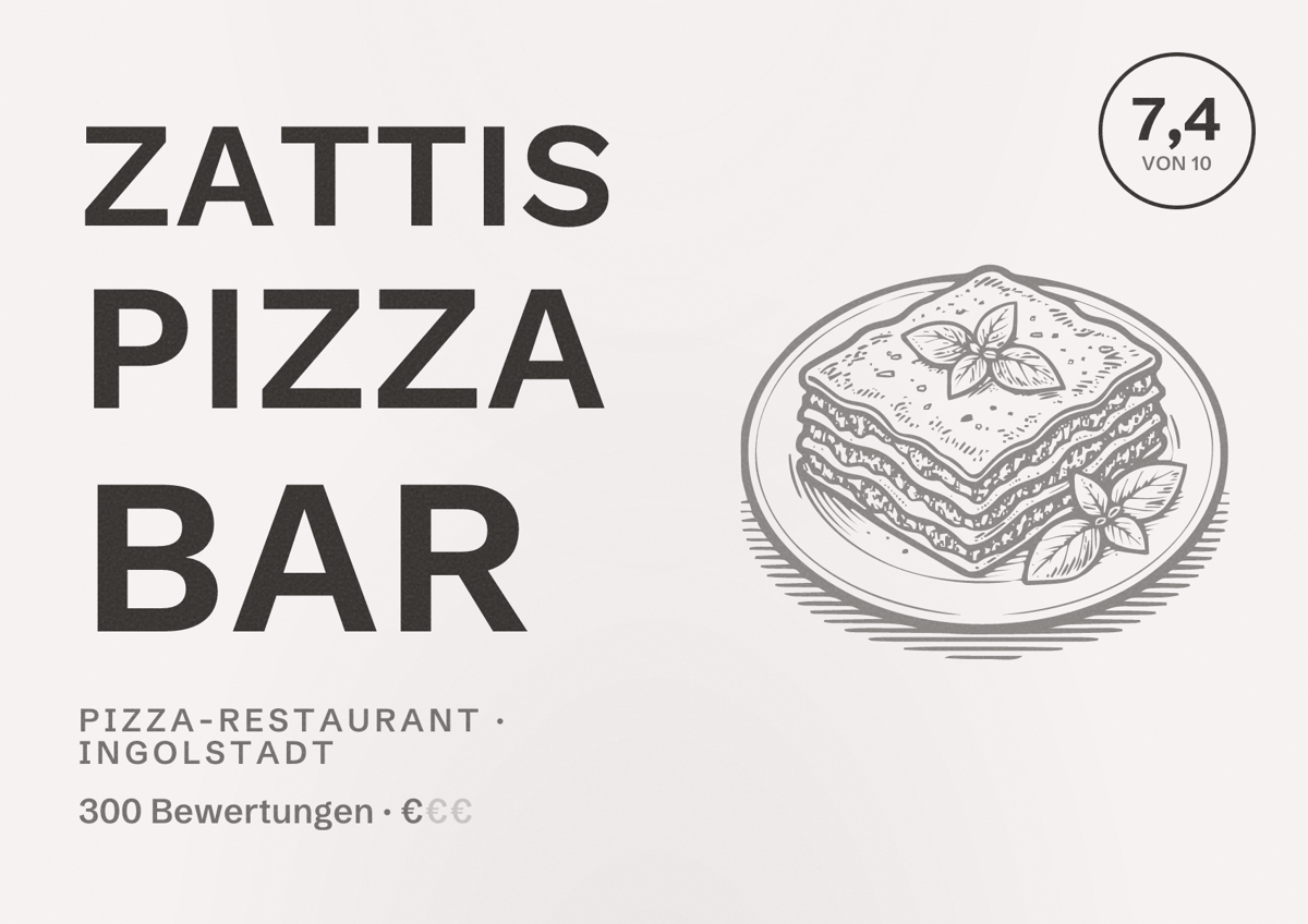 Illustriertes Poster von Zattis Pizza Bar, Pizza-Restaurant in Ingolstadt: Bewertung 7,4 von 10 aus 300 Bewertungen, Preisniveau €