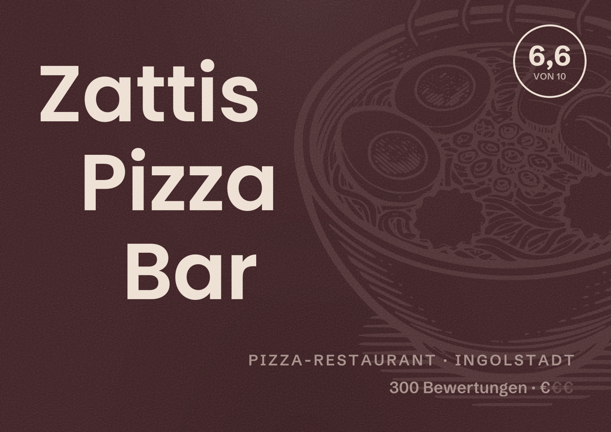Illustriertes Poster von Zattis Pizza Bar, Pizza-Restaurant in Ingolstadt: Bewertung 6,6 von 10 aus 300 Bewertungen, Preisniveau €