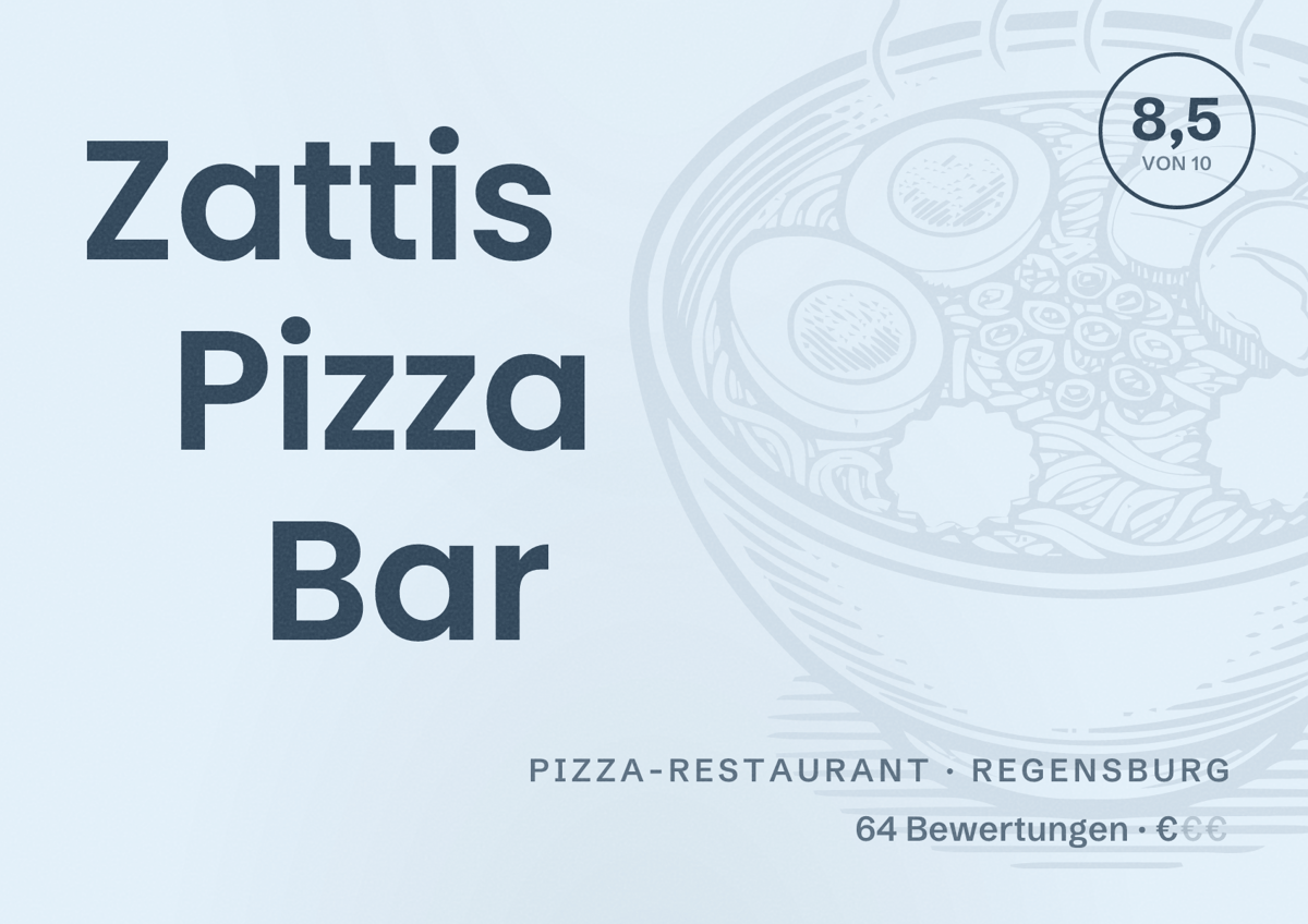 Illustriertes Poster von Zattis Pizza Bar, Pizza-Restaurant in Regensburg: Bewertung 8,5 von 10 aus 64 Bewertungen, Preisniveau €