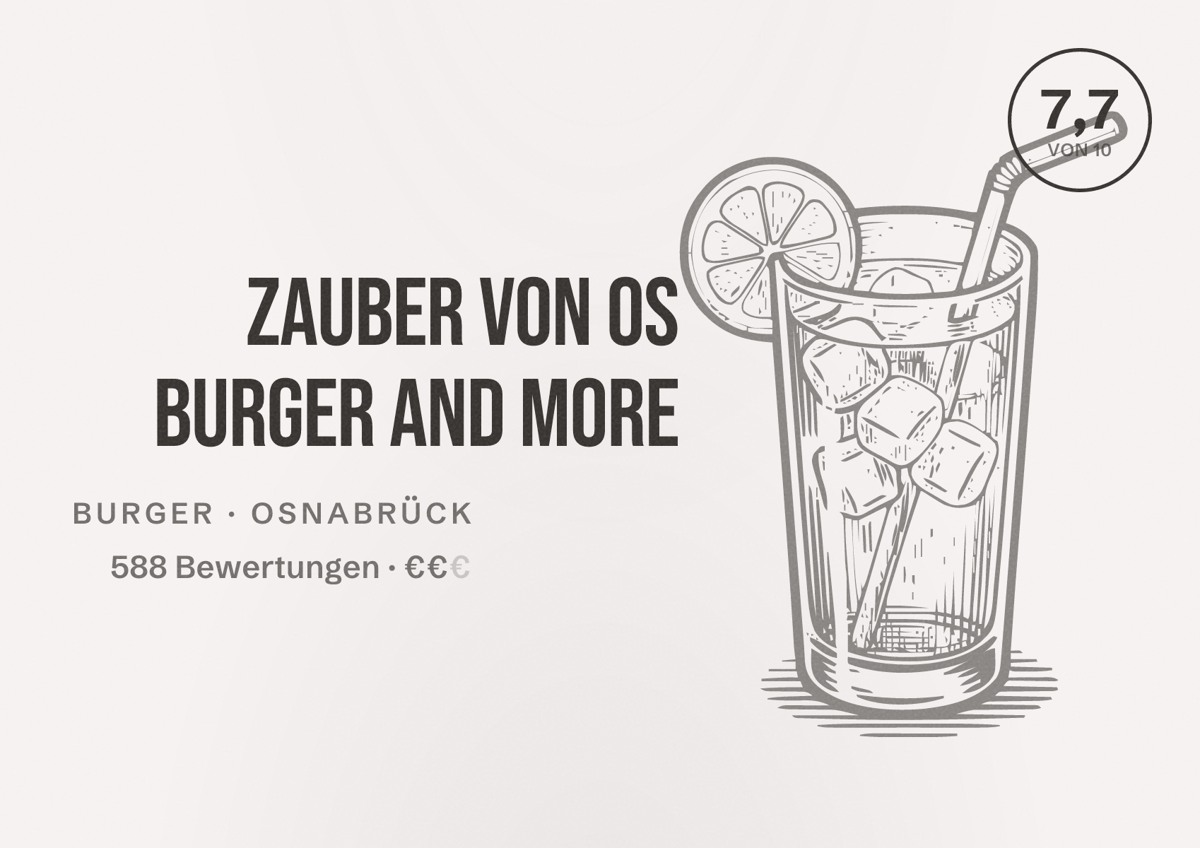 Illustriertes Poster von Zauber von OS Burger and more, Burger in Osnabrück: Bewertung 7,7 von 10 aus 588 Bewertungen, Preisniveau €€