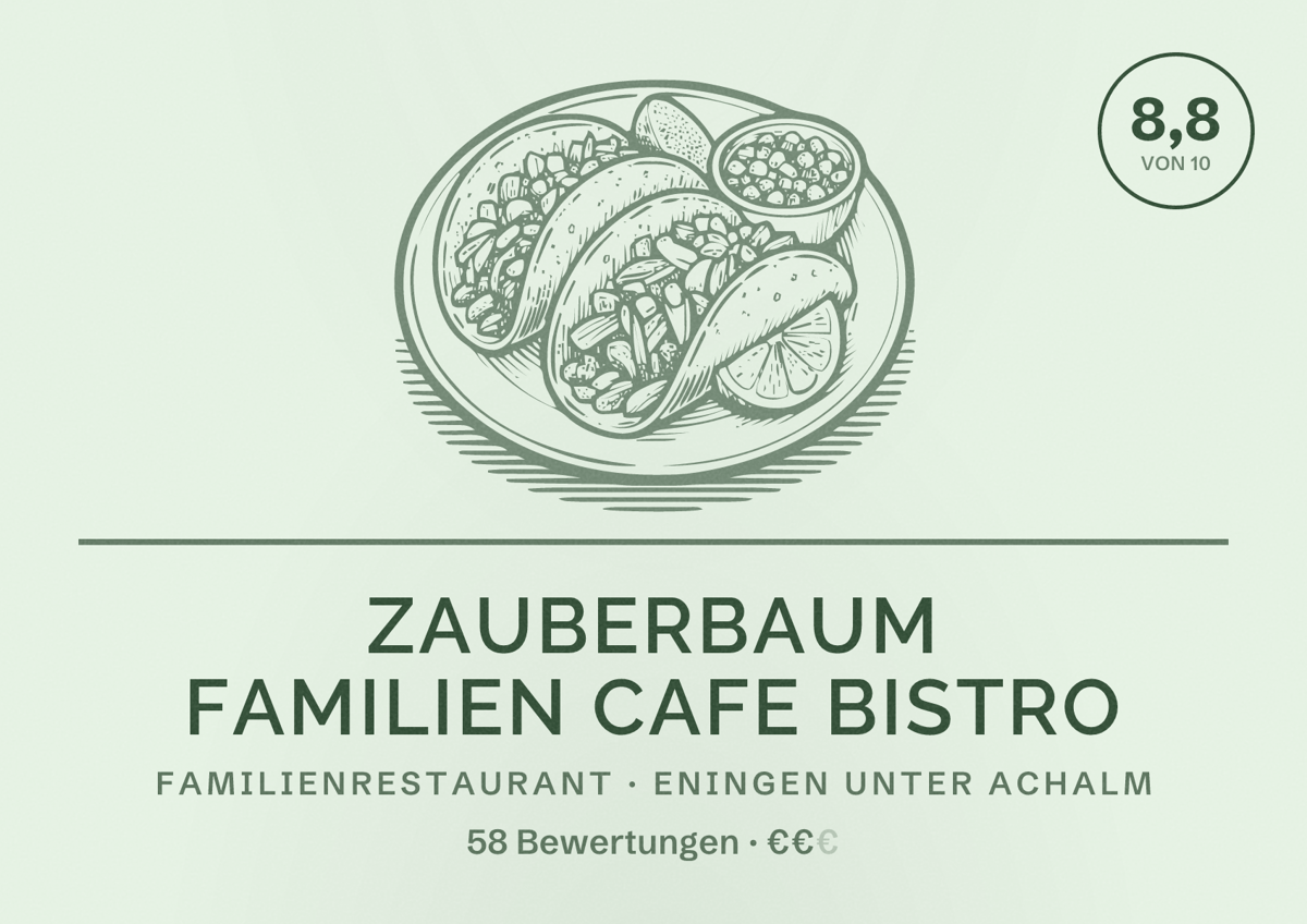 Illustriertes Poster von Zauberbaum Familien Cafe Bistro, Familienrestaurant in Eningen unter Achalm: Bewertung 8,8 von 10 aus 58 Bewertungen, Preisniveau €€