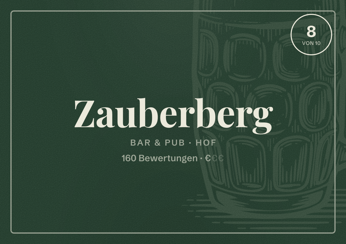 Illustriertes Poster von Zauberberg, Bar & Pub in Hof: Bewertung 8 von 10 aus 160 Bewertungen, Preisniveau €
