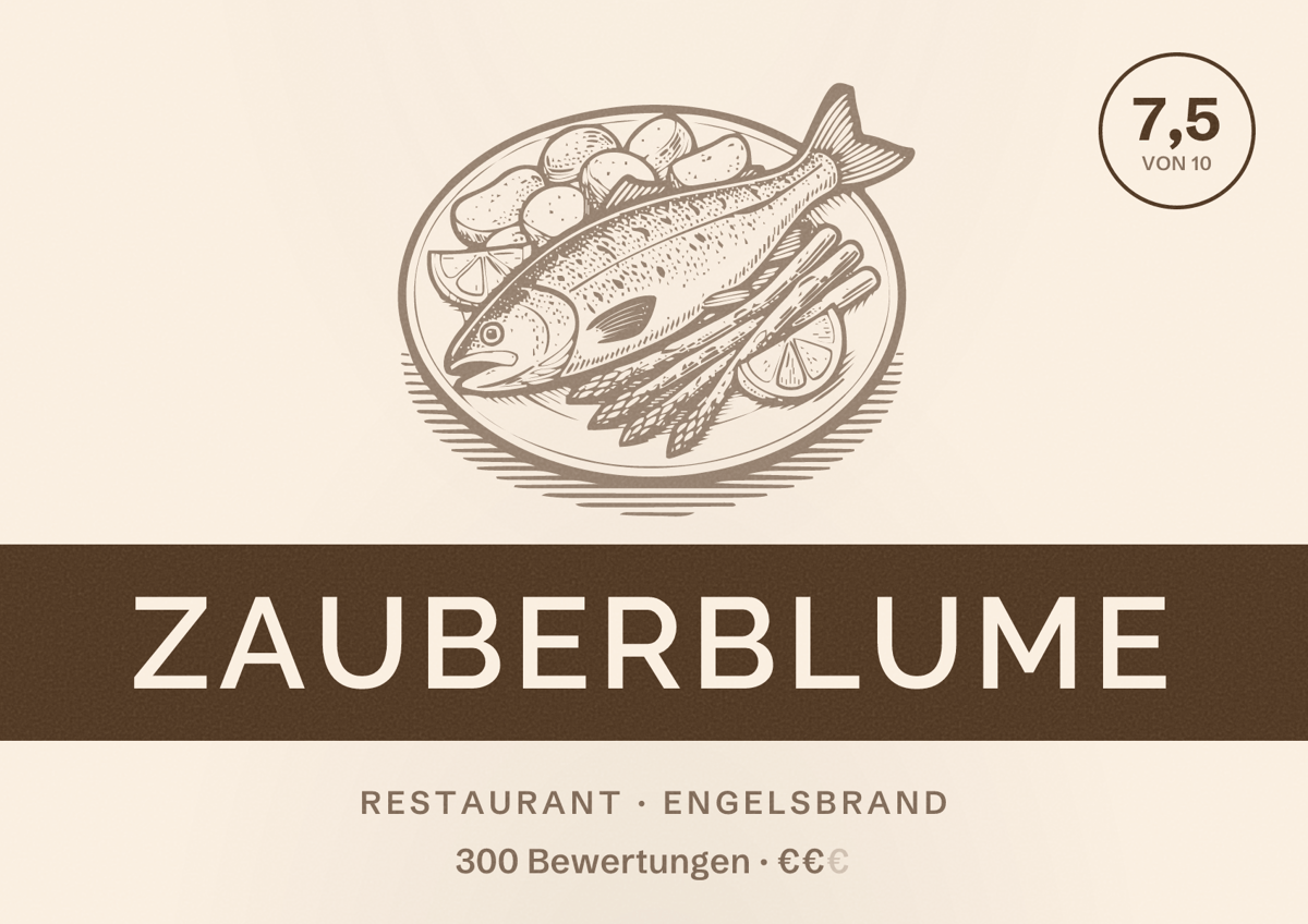 Illustriertes Poster von Zauberblume, Restaurant in Engelsbrand: Bewertung 7,5 von 10 aus 300 Bewertungen, Preisniveau €€