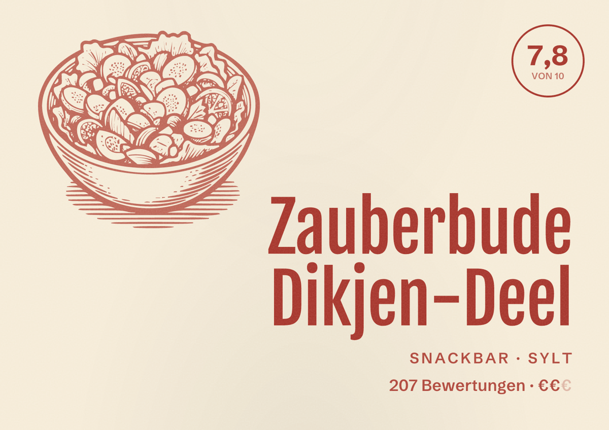 Illustriertes Poster von Zauberbude Dikjen-Deel, Snackbar in Sylt: Bewertung 7,8 von 10 aus 207 Bewertungen, Preisniveau €€