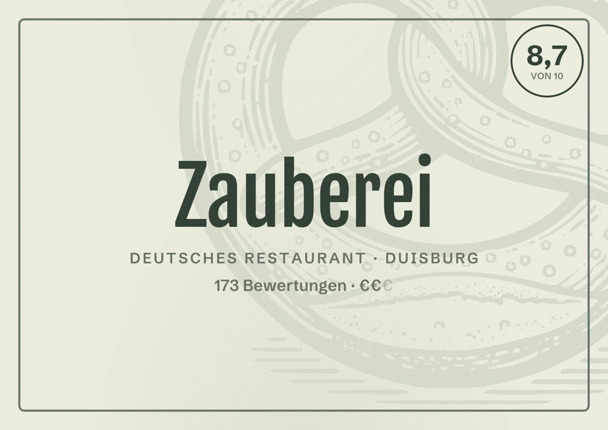 Illustriertes Poster von Zauberei, Deutsches Restaurant in Duisburg: Bewertung 8,7 von 10 aus 173 Bewertungen, Preisniveau €€