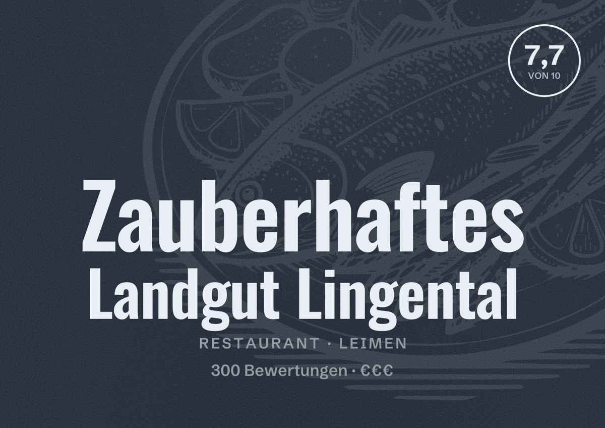 Illustriertes Poster von Zauberhaftes Landgut Lingental, Restaurant in Leimen: Bewertung 7,7 von 10 aus 300 Bewertungen, Preisniveau €€€