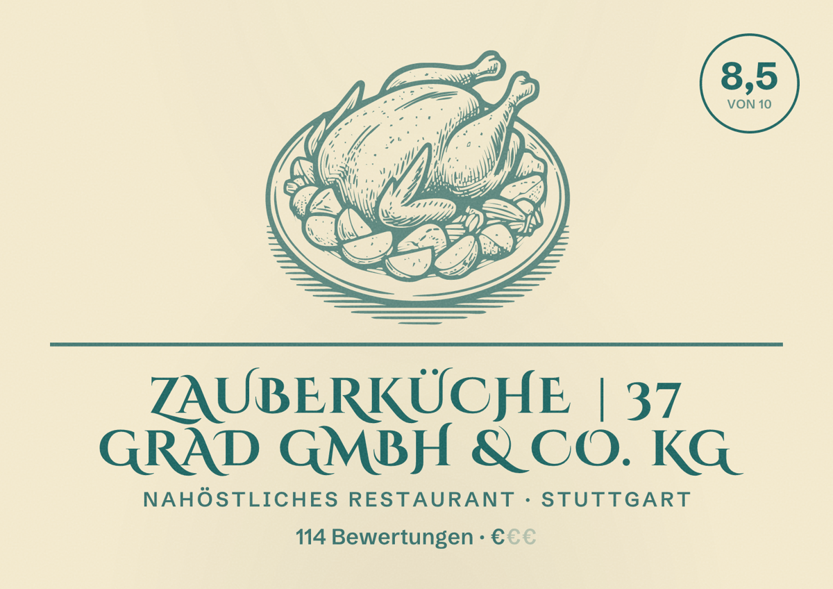 Illustriertes Poster von Zauberküche | 37 GRAD GmbH & Co. KG, Nahöstliches Restaurant in Stuttgart: Bewertung 8,5 von 10 aus 114 Bewertungen, Preisniveau €