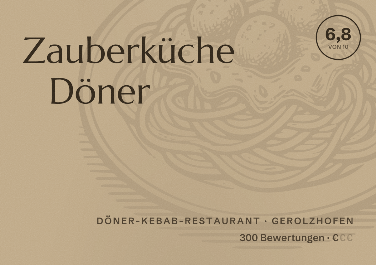 Illustriertes Poster von Zauberküche Döner, Döner-Kebab-Restaurant in Gerolzhofen: Bewertung 6,8 von 10 aus 300 Bewertungen, Preisniveau €