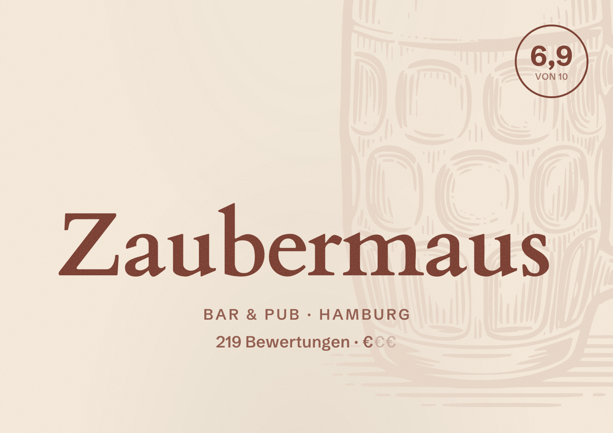 Illustriertes Poster von Zaubermaus, Bar & Pub in Hamburg: Bewertung 6,9 von 10 aus 219 Bewertungen, Preisniveau €