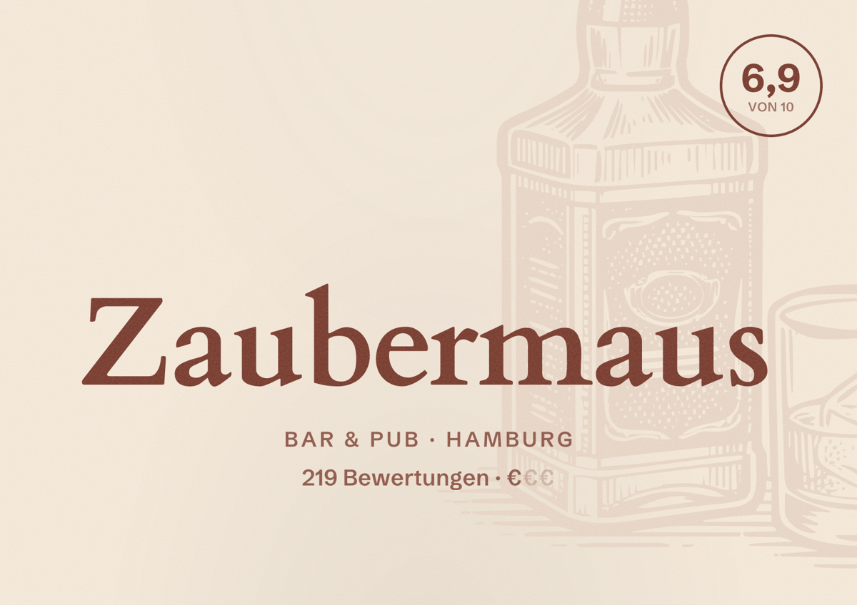 Illustriertes Poster von Zaubermaus, Bar & Pub in Hamburg: Bewertung 6,9 von 10 aus 219 Bewertungen, Preisniveau €