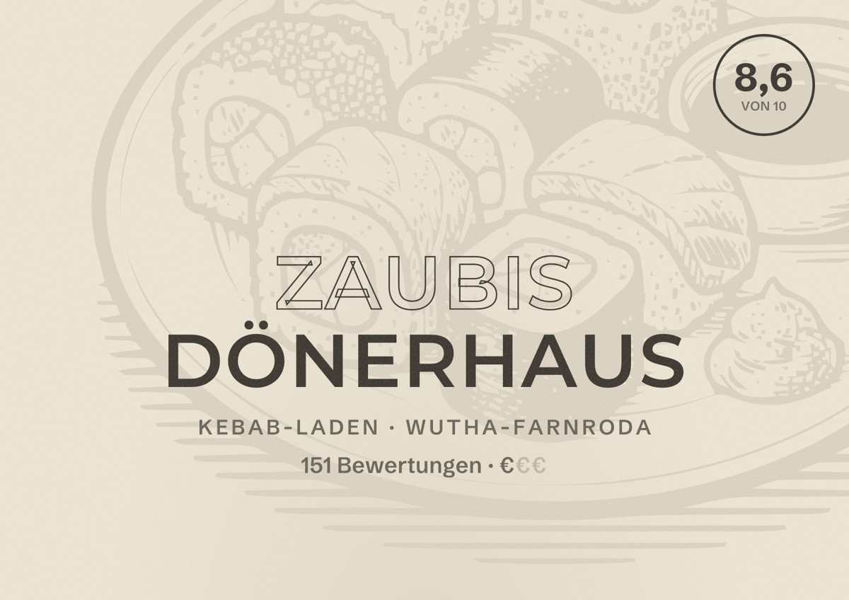 Illustriertes Poster von ZAUBIS DÖNERHAUS, Kebab-Laden in Wutha-Farnroda: Bewertung 8,6 von 10 aus 151 Bewertungen, Preisniveau €