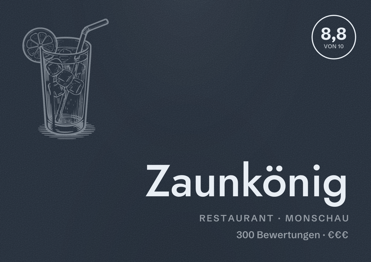 Illustriertes Poster von Zaunkönig, Restaurant in Monschau: Bewertung 8,8 von 10 aus 300 Bewertungen, Preisniveau €€€