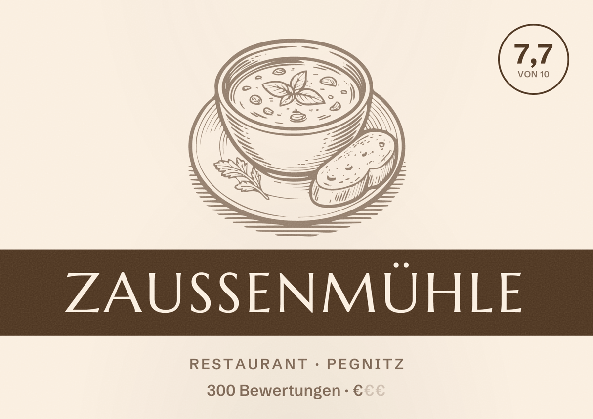 Illustriertes Poster von Zaussenmühle, Restaurant in Pegnitz: Bewertung 7,7 von 10 aus 300 Bewertungen, Preisniveau €