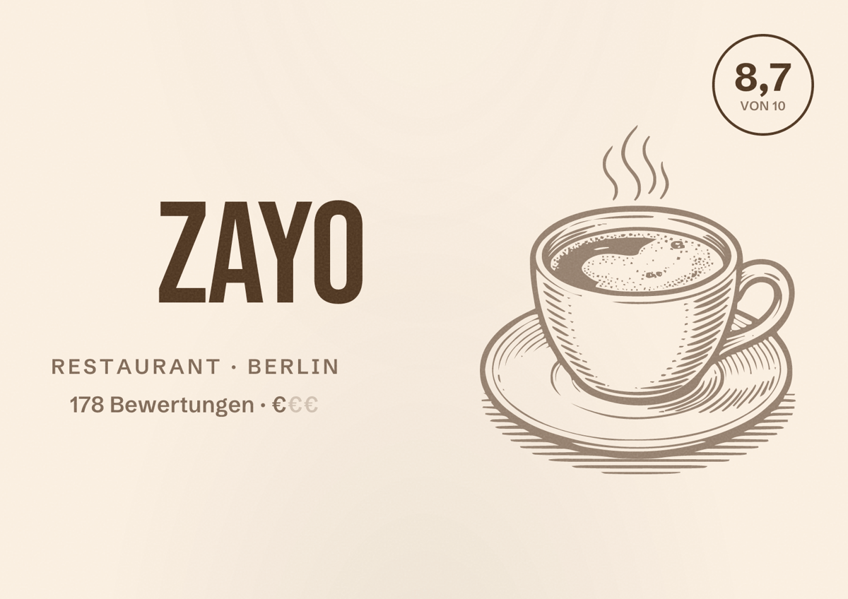 Illustriertes Poster von Zayo, Restaurant in Berlin: Bewertung 8,7 von 10 aus 178 Bewertungen, Preisniveau €