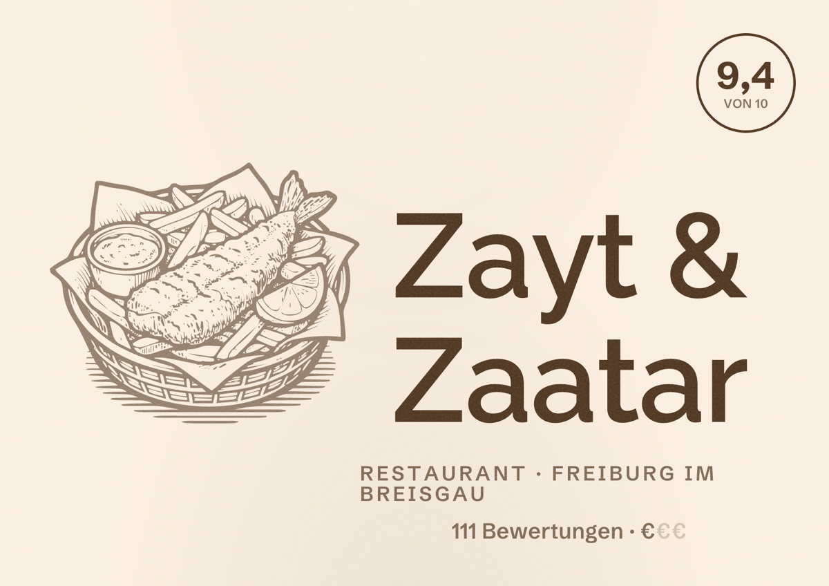 Illustriertes Poster von Zayt & Zaatar, Restaurant in Freiburg im Breisgau: Bewertung 9,4 von 10 aus 111 Bewertungen, Preisniveau €