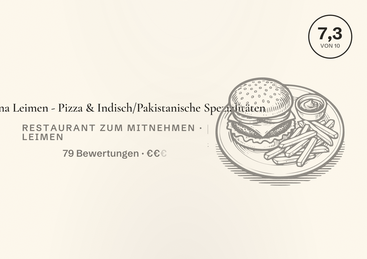 Illustriertes Poster von Zaytouna Leimen - Pizza & Indisch/Pakistanische Spezialitäten, Restaurant zum Mitnehmen in Leimen: Bewertung 7,3 von 10 aus 79 Bewertungen, Preisniveau €€
