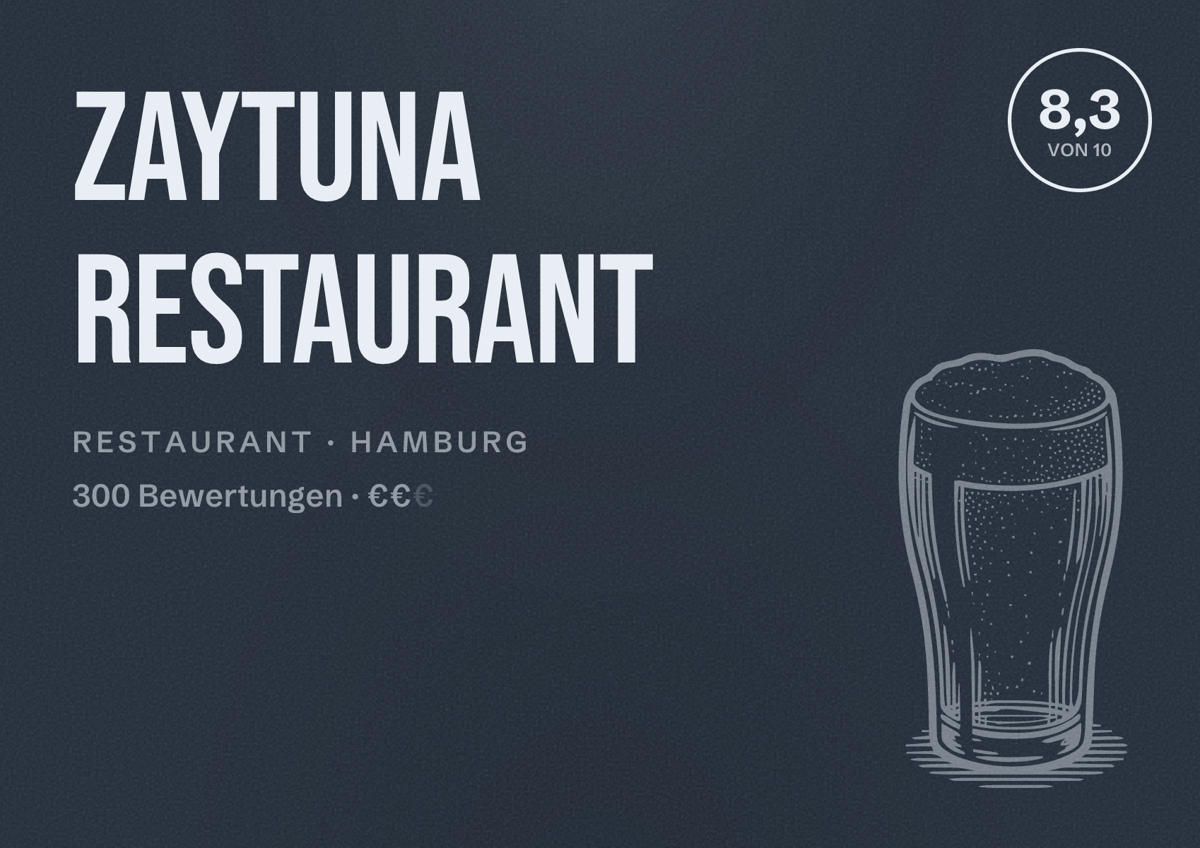 Illustriertes Poster von Zaytuna Restaurant, Restaurant in Hamburg: Bewertung 8,3 von 10 aus 300 Bewertungen, Preisniveau €€