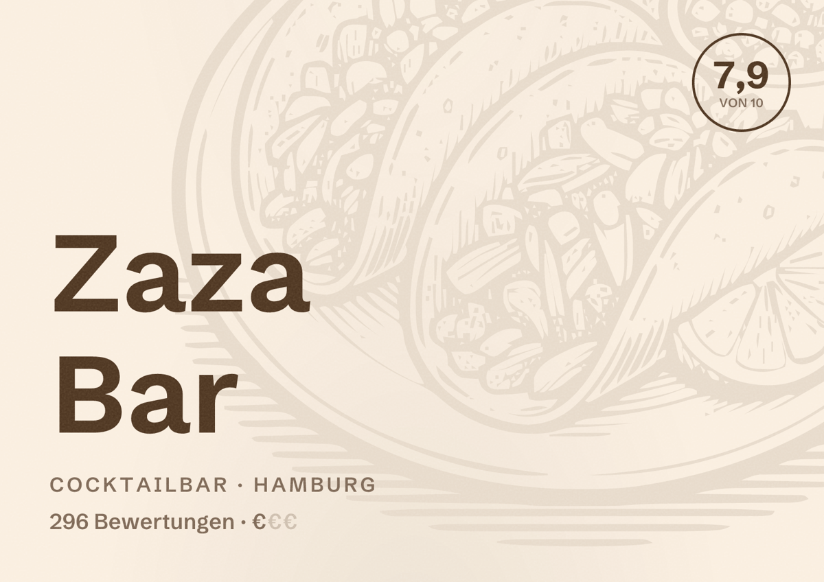 Illustriertes Poster von Zaza Bar, Cocktailbar in Hamburg: Bewertung 7,9 von 10 aus 296 Bewertungen, Preisniveau €