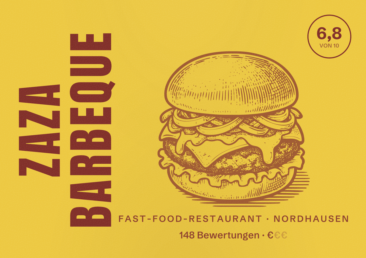 Illustriertes Poster von Zaza barbeque, Fast-Food-Restaurant in Nordhausen: Bewertung 6,8 von 10 aus 148 Bewertungen, Preisniveau €