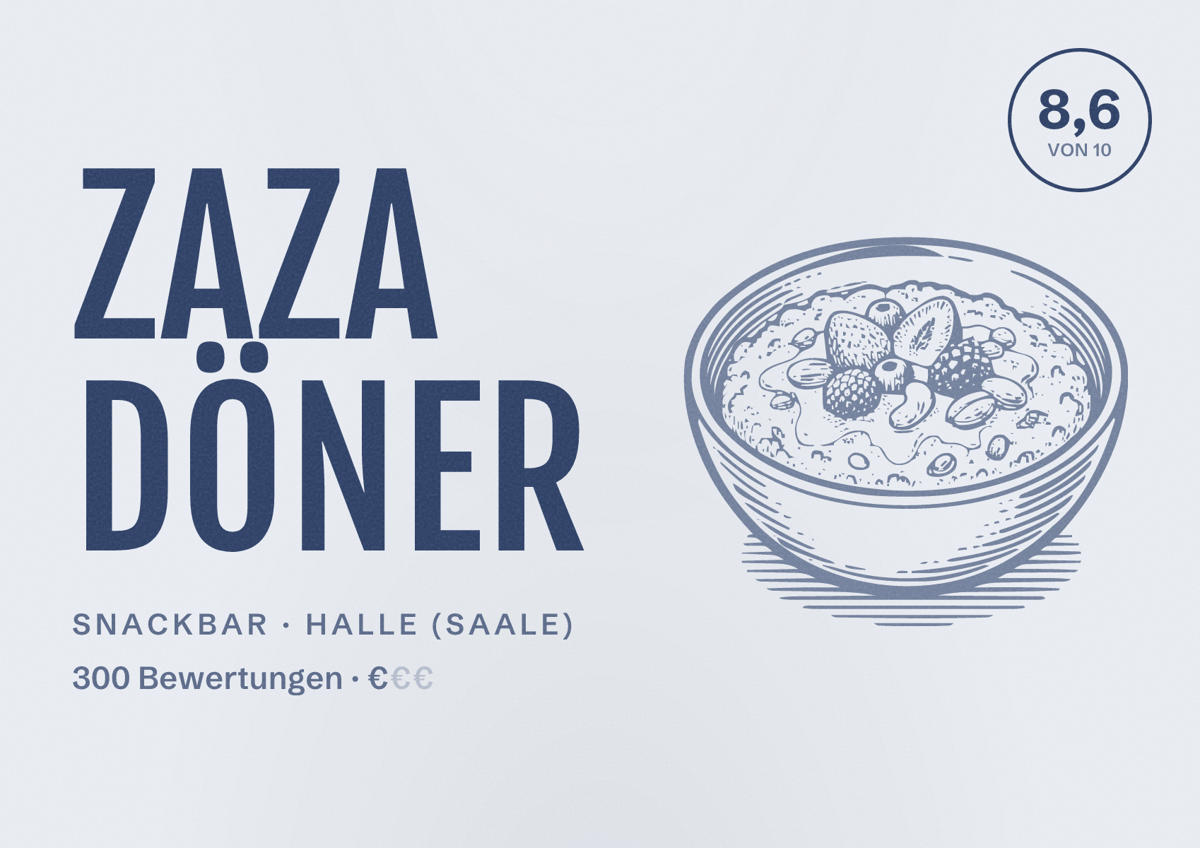 Illustriertes Poster von Zaza Döner, Snackbar in Halle (Saale): Bewertung 8,6 von 10 aus 300 Bewertungen, Preisniveau €