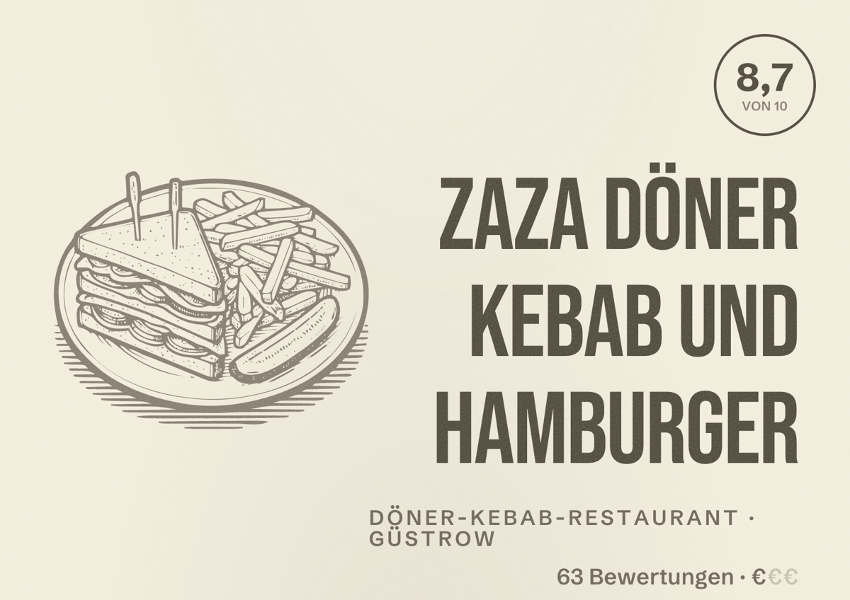 Illustriertes Poster von ZAZA Döner Kebab und Hamburger, Döner-Kebab-Restaurant in Güstrow: Bewertung 8,7 von 10 aus 63 Bewertungen, Preisniveau €