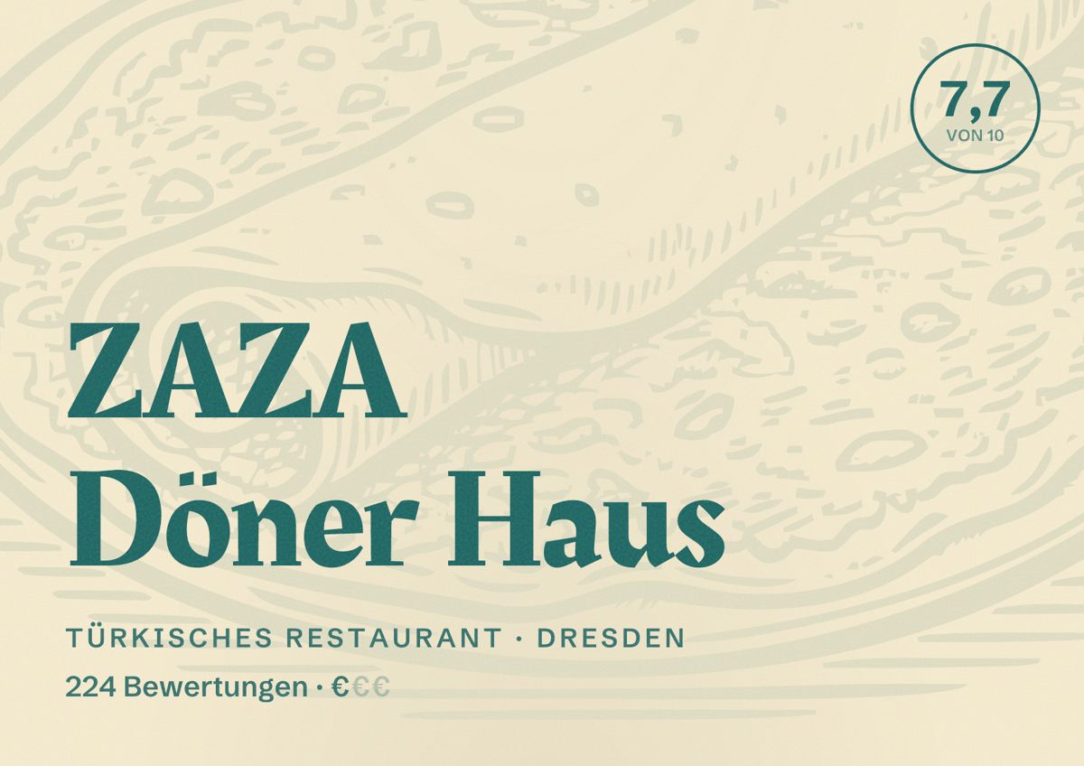Illustriertes Poster von ZAZA Döner Haus, Türkisches Restaurant in Dresden: Gästebewertung 7,7 von 10 aus 224 Bewertungen