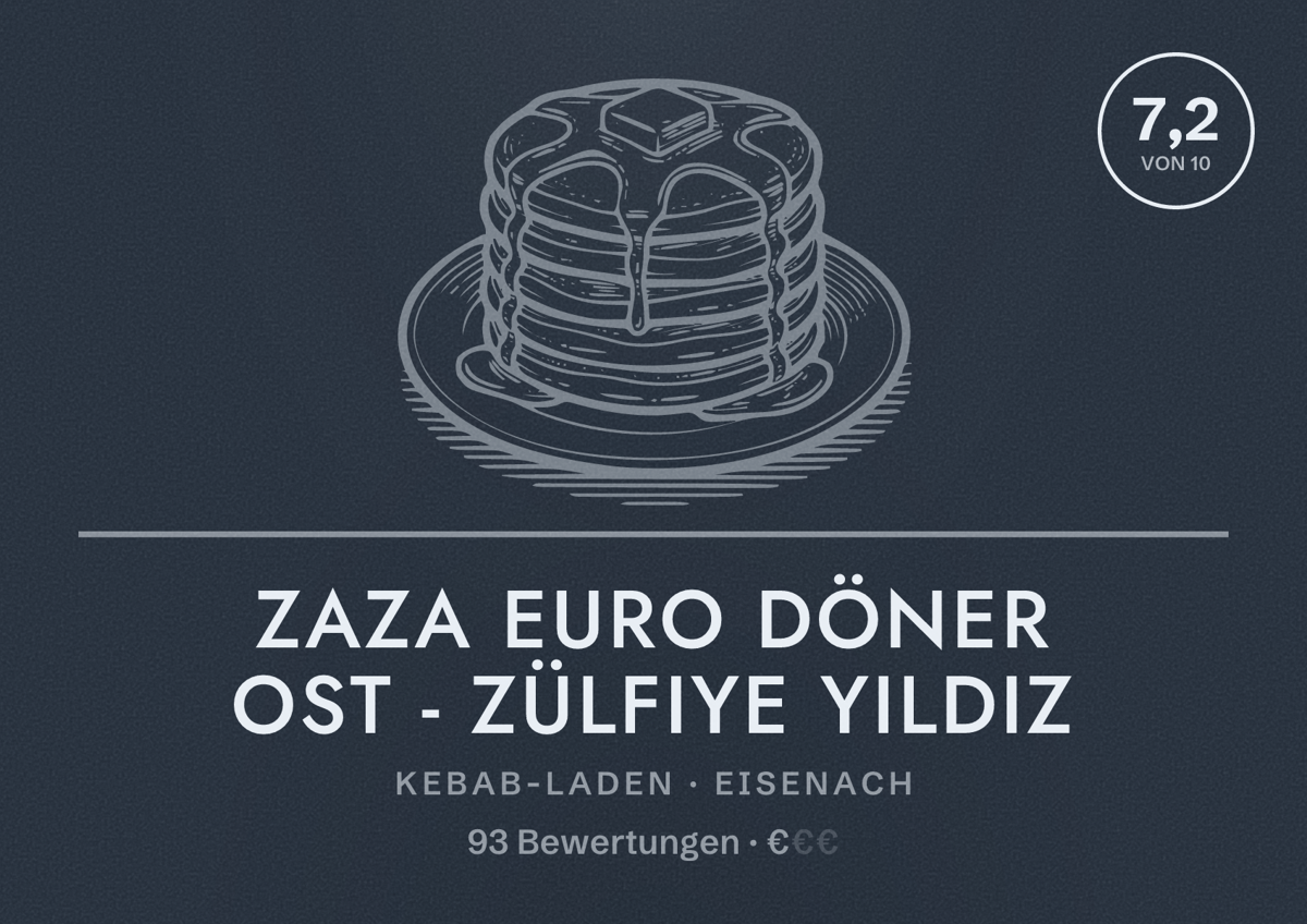 Illustriertes Poster von ZAZA EURO DöNER OST - Zülfiye Yildiz, Kebab-Laden in Eisenach: Bewertung 7,2 von 10 aus 93 Bewertungen, Preisniveau €
