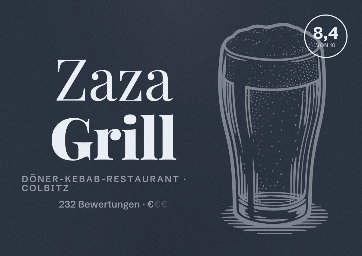 Illustriertes Poster von Zaza Grill, Döner-Kebab-Restaurant in Colbitz: Bewertung 8,4 von 10 aus 232 Bewertungen, Preisniveau €
