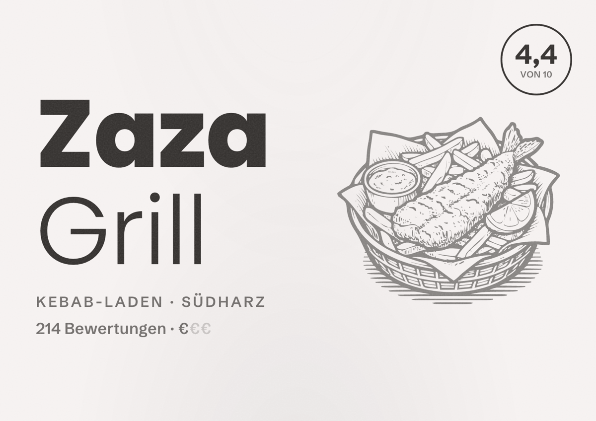 Illustriertes Poster von Zaza Grill, Kebab-Laden in Südharz: Bewertung 4,4 von 10 aus 214 Bewertungen, Preisniveau €