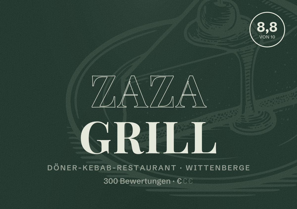 Illustriertes Poster von Zaza Grill, Döner-Kebab-Restaurant in Wittenberge: Bewertung 8,8 von 10 aus 300 Bewertungen, Preisniveau €