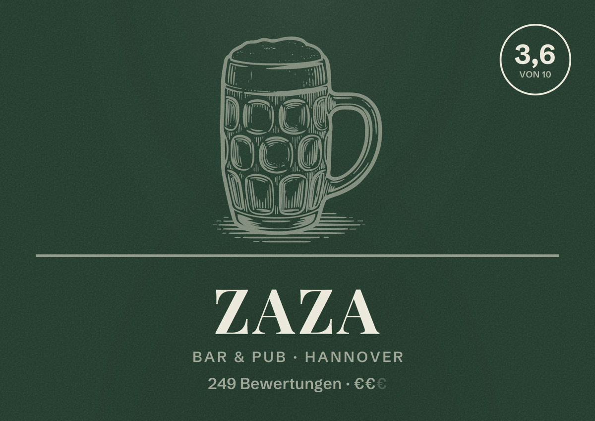Illustriertes Poster von Zaza, Bar & Pub in Hannover: Bewertung 3,6 von 10 aus 249 Bewertungen, Preisniveau €€